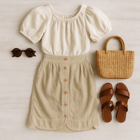 Anthropologie Hei Hei Button Front Skirt Sz 8 Beige Cotton Casual Cottagecore - Picture 3 of 11